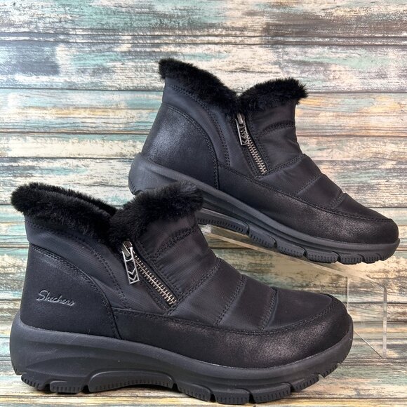 Skechers Boots Womens 9M Black Faux Fur Winter Warm Zip Relaxed Fit Lightweight - Picture 1 of 12